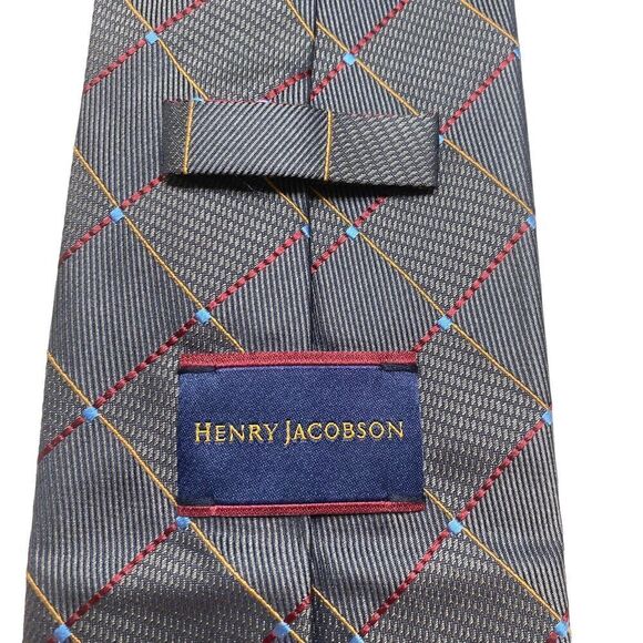 Henry Jacobson Tie Men's Necktie Diamond Check Silk Dark Gray Short - Picture 4 of 7